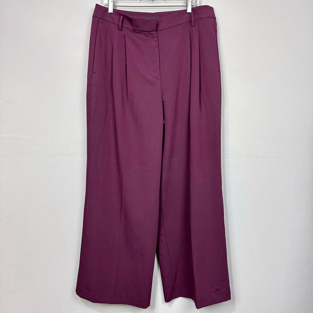 Ann Taylor Wide Leg Trousers Women Size 14 Burgundy Pleated High Rise Dress Pant